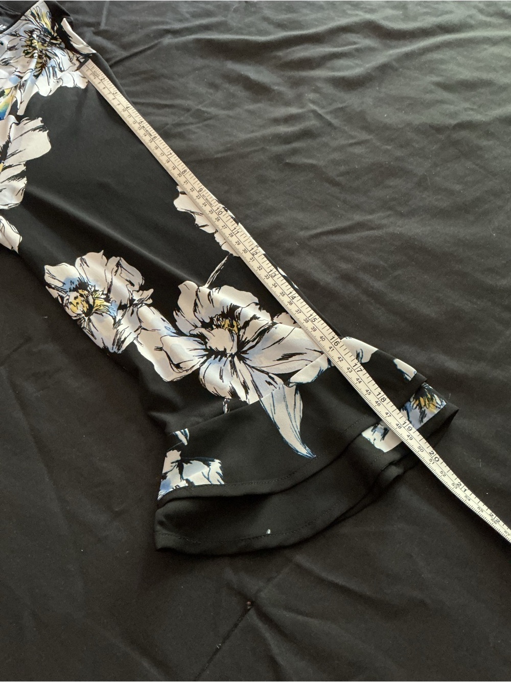 Karl Lagerfeld Black Floral Bell-Sleeve Top with White and Blue Blooms - Picture 8 of 11